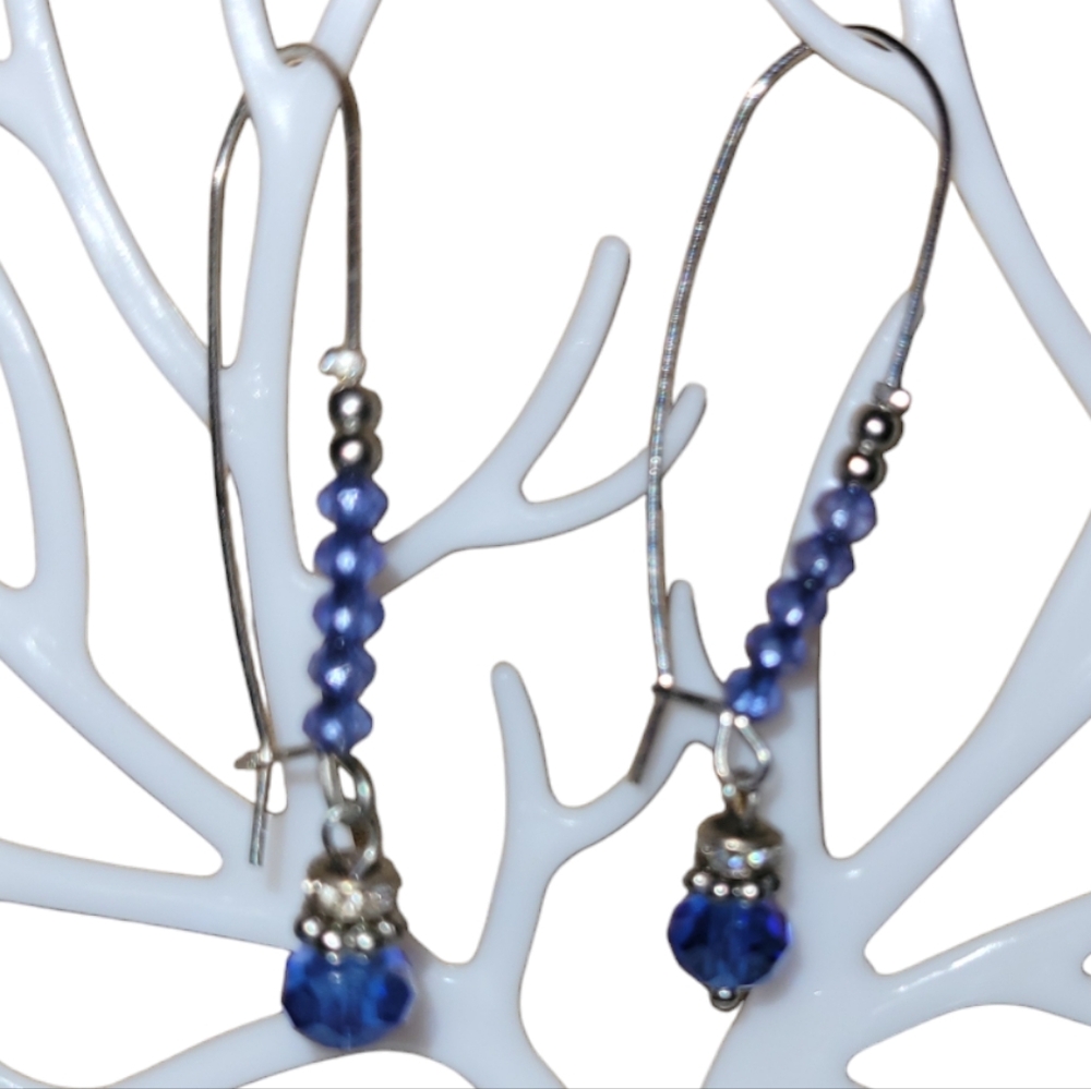Silver based blue and silver beaded hook style clasp earrings